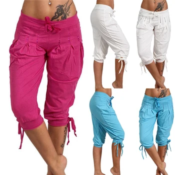 Hot Plus Veľkosť Bežné Nohavice dámske jednofarebné Sequined Skladaný Šnúrkou Capri Nohavice 2020 nové