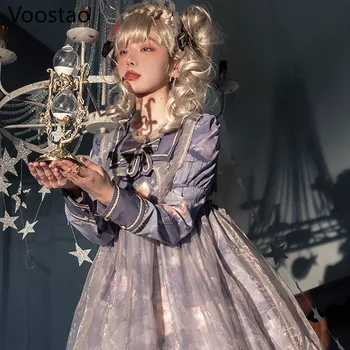 Japonský Harajuku Sladké Lolita OP Šaty, Dievčenskú Fialová Tmavé Mraky Tlač Princezná Šaty Žien Gotický Luk Čipky Tea Party Šaty