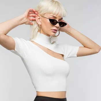 Sexy 2019 Ženy Biele Krátke Tričká Príležitostné Letné Turtleneck Krátky Rukáv Pevné Topy Ženy Streetwear Shirt Ladies T-Shirts
