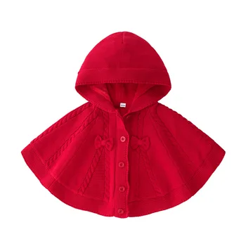 1-4Year zimné pletené hrubé červené deti Sveter Cardigan sladké Dievčatá mimo cape pletenie vintage plášť dievča červená kapoty