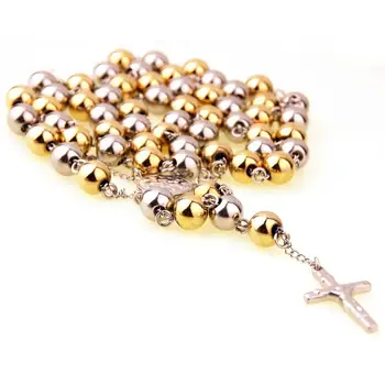10 mm Golden & Silver Farba Nehrdzavejúcej Ocele Korálky Rosaries Kovové Ruženec Okrúhle Korálky Náhrdelník Katolicizmu, Modlitby, Náboženské Šperky