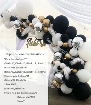 100ks Latexové Biele, Čierne Balóny Arch Auta Kovové Zlato Balón Garland Výročie Svadby, Narodeniny, Party Dekorácie Nastaviť