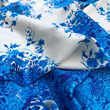 100X145cm Módne Modré a biele porcelánové kvetov Vytlačené Imitácia Hodvábu Satin Textílie Pre Ženy Šaty, Blúzky, Pyžamá DIY Šitie