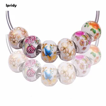 10Pcs/veľa Mix Farieb Japonskom Štýle DIY Strane Farebné Kresby Maľované Sklenené Guľôčky Kúzlo Veľký Otvor fit Šperky Pandora Náramok