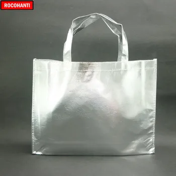 10Pieces Prispôsobené Laser Film Laminované Kovové Šila Non Tkané Nakupovanie Tote Bag Strieborná Farba