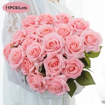 11pcs/Veľa Umelých Kvetov Ruže Pobočky Falošné Rastlín Kvetované Pink Champagne Red Rose Hodváb Kytice Pre Domova Svadobný Stôl
