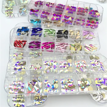 12 debien / súbor Kvapka Tvar Ploché Späť Kamienkami Na Sklo AB crystal Cudzie Zmiešané diamond 3D lesk nail art decoration