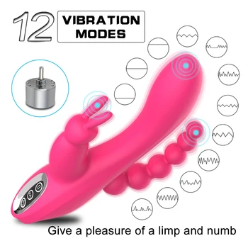 12 Funkcia Rabbit Vibrátor G-spot a P-spot Análny Vibrátor Triple Krivky Nabíjateľná Dildo Vibrátor pre Ženy Klitoris Stimulátor