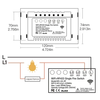 120 WiFi Smart Light Switch RF433 Č Neutrálny Vodič Jedného Oheň Inteligentný Život Tuya Aplikácie Ovládanie Práce S Alexa Domovská stránka Google 110V 220V