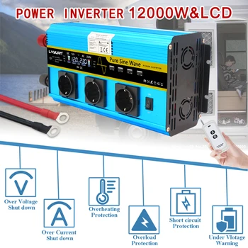 12000W čistá sínusová vlna invertor DC 12V na 230V ~ 220V LCD napätie displej solárny invertor EÚ zásuvky bezdrôtové diaľkové ovládanie