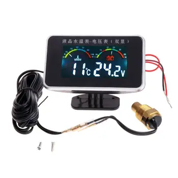 12V/24V Auto LCD Teplota Vody Meter, Teplomer Voltmeter Rozchod 2v1 Temp & Napätie Meter 17 mm Snímač E7CA