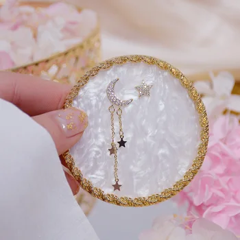 14k Reálne Pozlátené Módne Šperky Crystal Moon Star Vynikajúce Dlhé Strapec Náušnice pre Ženu Dovolenku Strany Elegantné Náušnice