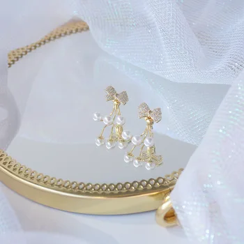 14k Reálne Pozlátené Módne Šperky Nádherné Micro-intarzované Zirkón Luk Pearl Stud Náušnice pre Ženu Holidaty Denne Náušnice