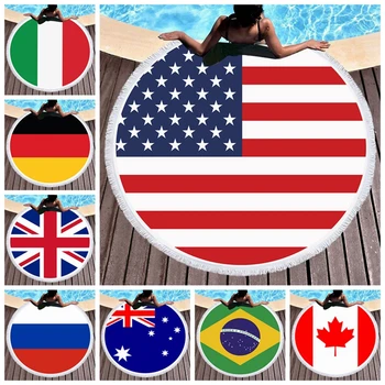 150 cm Mikrovlákna Kolo Pláž Uterák S Strapce USA, BRITÁNII, Brazílii, Taliansku, Rusku, Kanade, Austrálii, Izraeli Vlajky Vytlačené Dospelých osuška