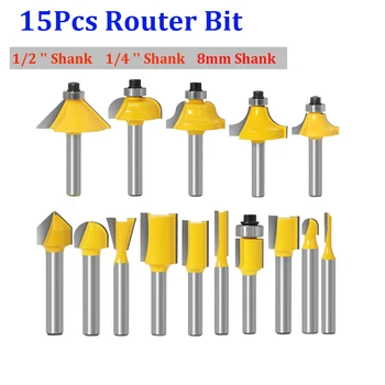 15pcs/Nastaviť Router Bitov 6.35 mm 12,7 mm 8 mm 1/2 