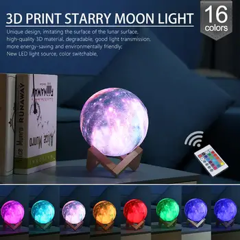 16 Farieb, 3D Tlač Mesiac Lampa S Diaľkovým ovládaním Hviezdne Nebo Galaxy Svetlo Vstavaný Nabíjateľná Batéria Noc Lampa Dropship