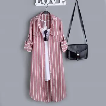 #1638 Jar Leto Dlhé Tričko Pre Ženy, Dlhý Rukáv Voľné Bavlnená Posteľná Bielizeň Pruhované Vertikálne Kórejský Bežné Opaľovací Krém Žena Tričko
