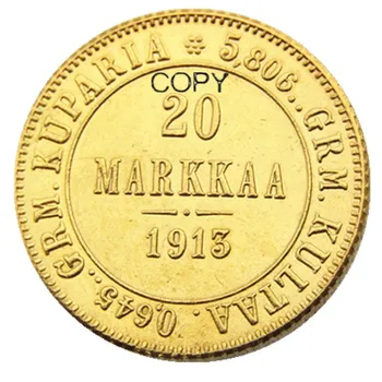 1913 S FÍNSKU IMPERIÁLNE RUSKO 20 MARKKAA Pozlátené Kópie mincí