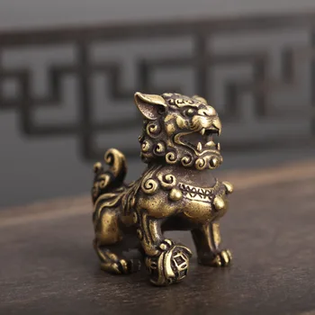 1Pair Čistej Medi Šťastie Lion King Figúrky Miniatúr, písací Stôl Ozdoby Antické Bronzové Čínske Zvieratá Socha Domov Feng Shui Dekor