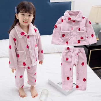 2 3 4 5 6 7 Rokov, Baby, Dievčatá Pyjamas Sady Flanelové Jahoda Tlač Oblečenie Pre Voľný Čas Batoľa Dievča Oblečenie Teplé Zimné Sleepwear Odev