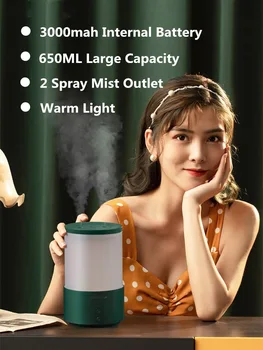 2 Hmly Zásuvky Prenosné Zvlhčovač Vzduchu veľkou Kapacitou 650 ML 3000mAh Nabíjateľná Batéria USB Aróma Difuzér, Humidificador Lampa