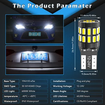 2 ks W5W 30-3014 SMD Auto T10 LED 194 168 Klin Výmena Zadnej strane Prístrojovej dosky Lampa Biela Modrá Žiaroviek Na Vzdialenosť Svetiel