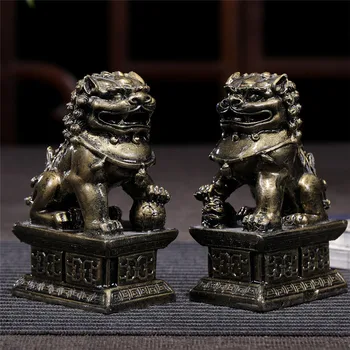 2 ks Čínskych Lions Sôch Budhu Bronzové Ozdoby Živice Muž-vyrobené z Jade Kameňa Zvieratá Socha Figúrky Sochy Domáce Dekorácie