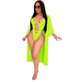 2 Kus Ženy Pevné Neon Kombinézu Bikini Set Plavky Dlhý Rukáv zakryť Cardigan Pláž, Kúpanie Plávať oblek Ženy Oblečenie
