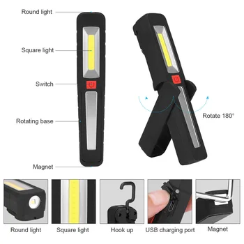 2 V 1 je Spoplatnené Baterka Floodlight 3 Režim COB LED rucneho Camping Magnetické Pracovné Svetlo Kontrola, Oprava Svietidlo Svietidlo