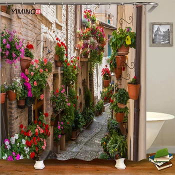 200x180cm kúpeľňa nepremokavé sprchový záves Európskej street view krásny kvet ulici tlač domáce dekorácie opony