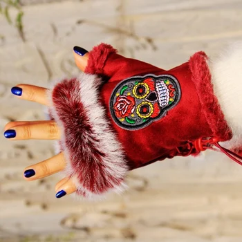 2016 Vintage Etnických Rukavice Výšivky Lebky zimné Rukavice Ženskej polovice prst Palčiaky Ženy Dámy Rukavice Semiš