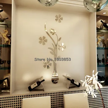 2017 Nové Sliver, Zlaté Zrkadlo samolepky na stenu obývačky vchod Domov stenu decor zrkadlo kvetinové Vázy slivka Akryl zrkadlo 3d Nálepka