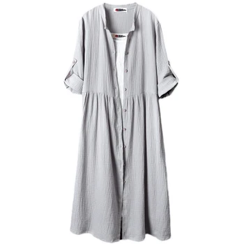 2018 lykových kabát dlhý dizajn tričko Cardigan bavlnená posteľná bielizeň, blúzky, outwear s tlačidlo jeseň šaty blusa veľké dno