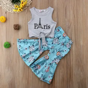 2018 Nové Dieťa Dievčatá Oblečenie Baby Dievčatá Vesta Topy Eiffelova Veža T-shirt+Širokú Nohu, Kvetinové Nohavice detské Letné Oblečenie Oblečenie