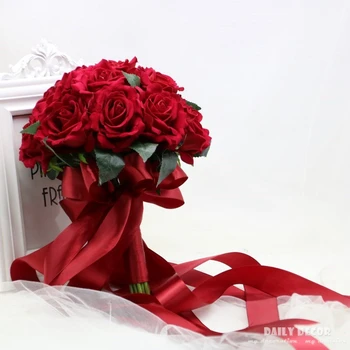 2018 nové high simulácia zamatovej ruže, Svadba, kvetinová Bridesmaid, Svadobné Kytice umelé red Rose Svadobné Kytice doprava zadarmo