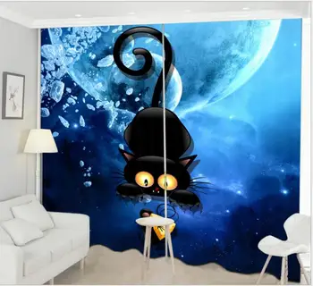 2018 Nové modrá mačka vzor 3D Okna Záclony Luxusné Zatmenie Obývacia Izba, spálňa Cortinas Závesy Rideaux Prispôsobené obliečka na vankúš