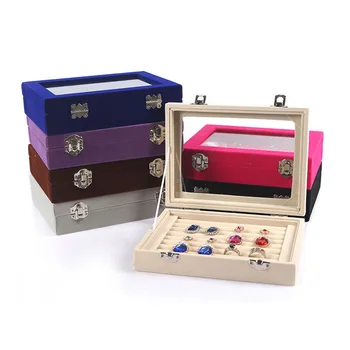 2018 nový 7 Farieb 8 Stánky Zamatové puzdro s Sklenený Kryt Šperky Krúžok Display Box Držiak Úložný Box Organizátor