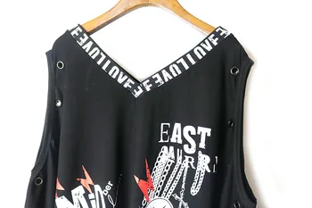 2018 Punk Rocková Jeseň nové módne Lebka ramena dlho sleevee bavlna Plus veľkosť T-shirt ženy oblečenie, topy