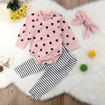 2018 Roztomilý Novorodenca Baby Girl Šaty S Dlhým Rukávom Ružové Romper Topy Pruhované Nohavice Oblečenie Dieťa Oblečenie Set Sa