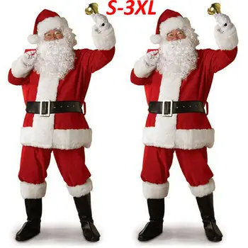 2019 Dospelých Santa Claus Kostým, Oblek Plyšové Otec Nóbl Oblečenie Vianoce Cosplay Rekvizity Mužov Kabát Nohavice Fúzy Pás Klobúk Vianočný Set