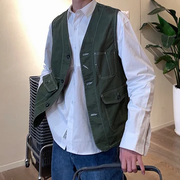 2019 Japonský Štýl Mužov Módny Trend Pracovné Oblečenie, Tričká bez Rukávov Bf Khaki/zelená/modrá Farba Voľné Nákladu Vesta Plus Veľkosť M-XL