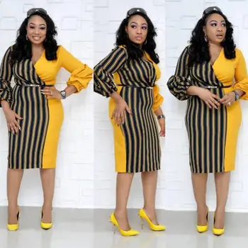 2019 Jeseň Nové Elegantné Slim Šaty Lístkového Rukáv Sexy tvaru Farby Zodpovedajúce Pruhované Tlač, Šitie Pás Ol Šaty