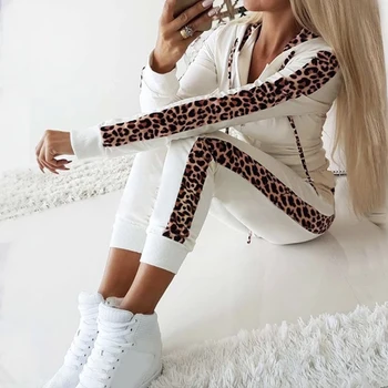 2019 Jeseň Zima Dva Kusy Nastaviť Ženy Mikiny Nohavice Vyhovovali Módne Ženy Spájať Leopard Tlač Kabát A Nohavice Ženy Oblečenie Set Sa