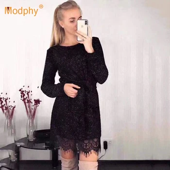2019 Jeseň Zima Nové Módne dámske Šaty Sexy Dlhý Rukáv Čipky Flitrami Bodycon Mini Šaty, Sexy Celebrity Strany Vestidos