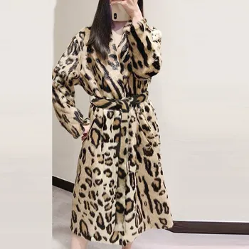 2019 Leopard Tlač Umelú Kožušinu Kabát Dlhý Rukáv S Pásom Zase Dole Golier Kožušinové Bundy Zimné Kabát Ženy Teddy Kabát Fourrure Femme