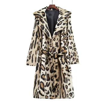 2019 Leopard Tlač Umelú Kožušinu Kabát Dlhý Rukáv S Pásom Zase Dole Golier Kožušinové Bundy Zimné Kabát Ženy Teddy Kabát Fourrure Femme