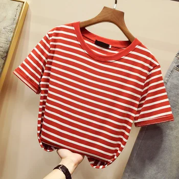 2019 Módne Žena T-shirt Bavlna Ženy Červené Biele Pruhované Tričká Lete Príležitostné Voľné Harajuku T Shirt Femme Top