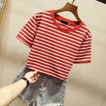2019 Módne Žena T-shirt Bavlna Ženy Červené Biele Pruhované Tričká Lete Príležitostné Voľné Harajuku T Shirt Femme Top