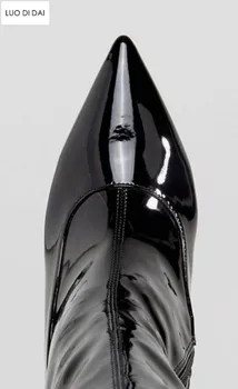 2019 módne ženy kolená vysoké topánky patent kožené topánky ženy ukázal prst botičky tenké päty čierne zrkadlo kožené topánky dámske