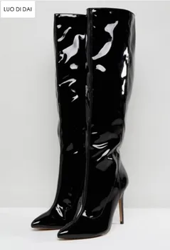 2019 módne ženy kolená vysoké topánky patent kožené topánky ženy ukázal prst botičky tenké päty čierne zrkadlo kožené topánky dámske